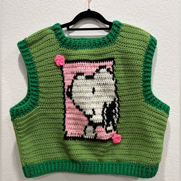Handmade Jackets & Blazers - Snoopy & Woodstock Green Crocheted Heart Motif Sweater Vest Handmade 🧶 Knit